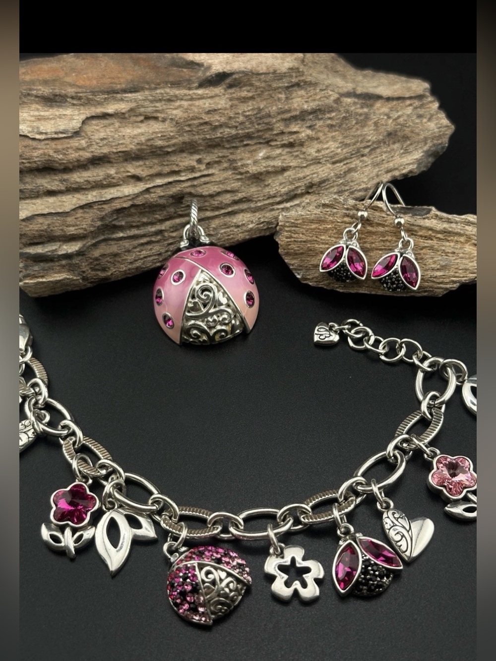 💕🐞 RARE BRIGHTON VINTAGE SWAROVSKI CRYSTAL Pink LadyBug Charm Jewelry Set!